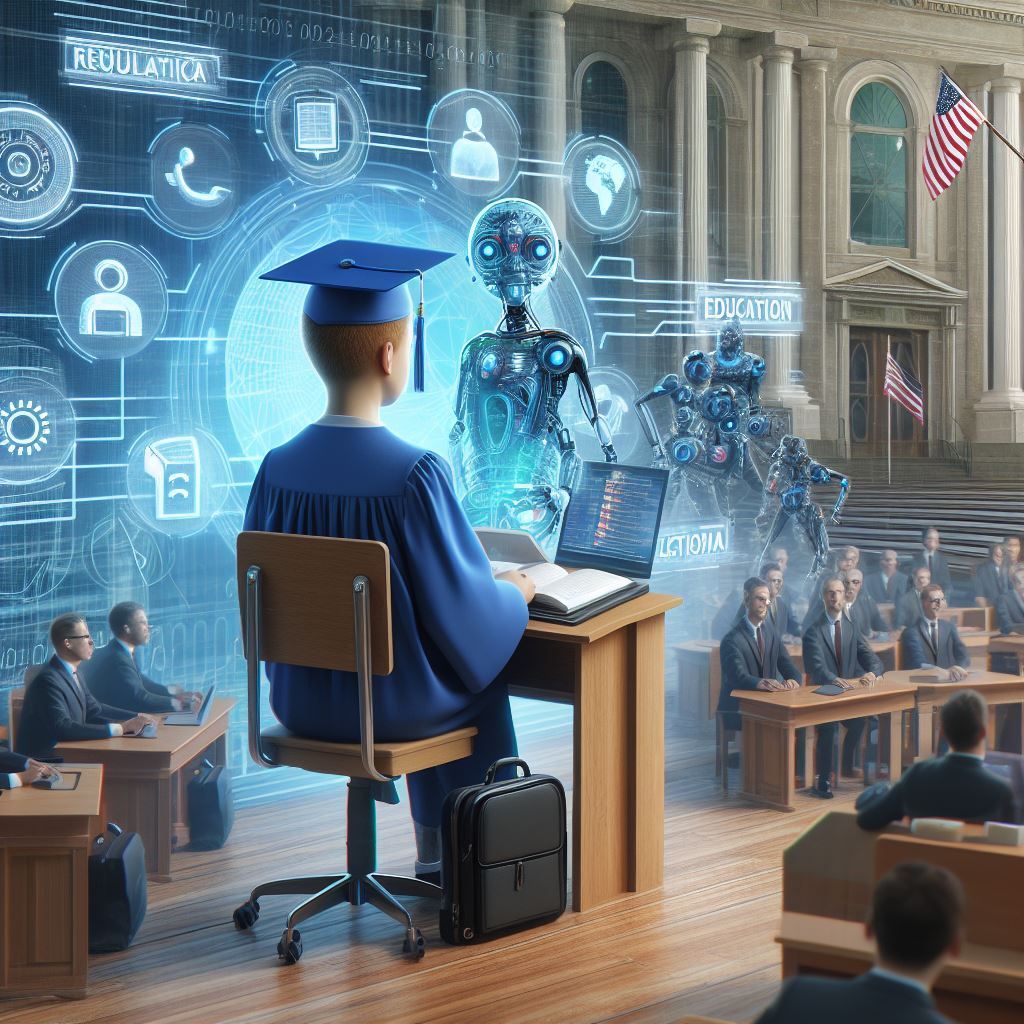 Illustration showing a regulatory oversight body monitoring AI use in education, with symbols of governance and education. Emphasizes careful monitoring for positive impact and addressing ethical concerns.