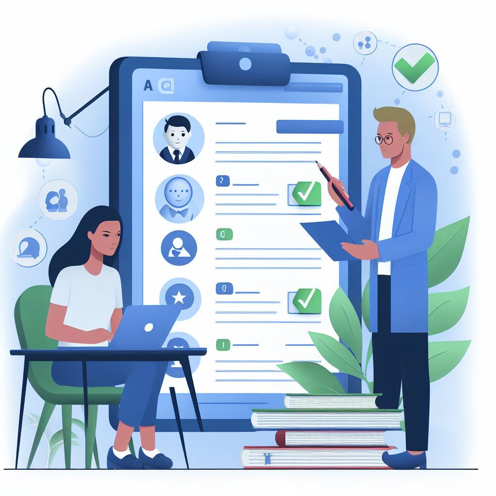 Illustration showing a teacher using an AI grading assistant to streamline the grading process. The AI assistant analyzes student assignments, allowing the teacher to focus on other tasks. The image represents efficiency and productivity in grading with AI automation.
