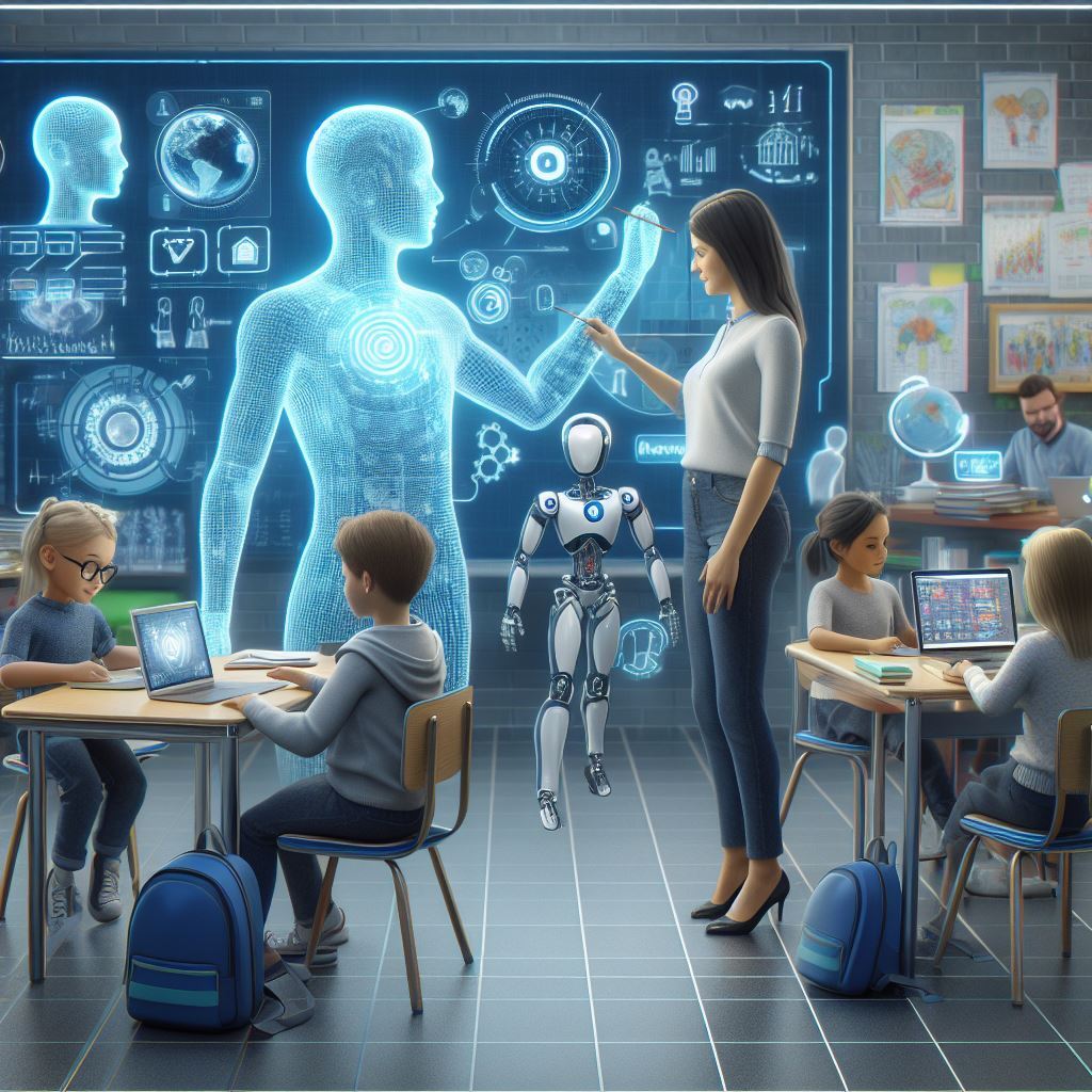 Illustration depicting a classroom scenario with both students and a humanoid AI robot standing at the front. The AI robot attempts to engage with students while a human teacher observes skeptically. The image reflects on the integration of AI into teaching roles and the ethical considerations involved.