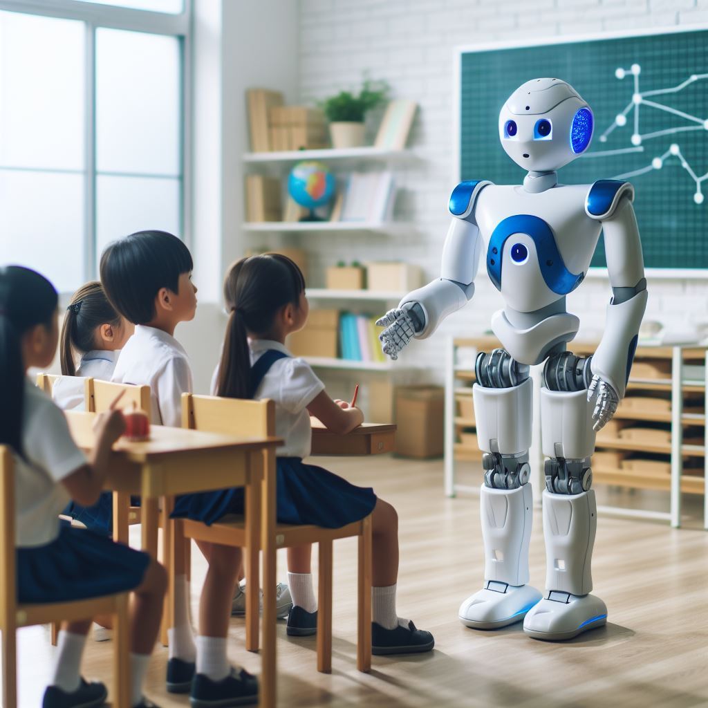 AI humanoid robot interacting with children in a school classroom. Substitute Teaching