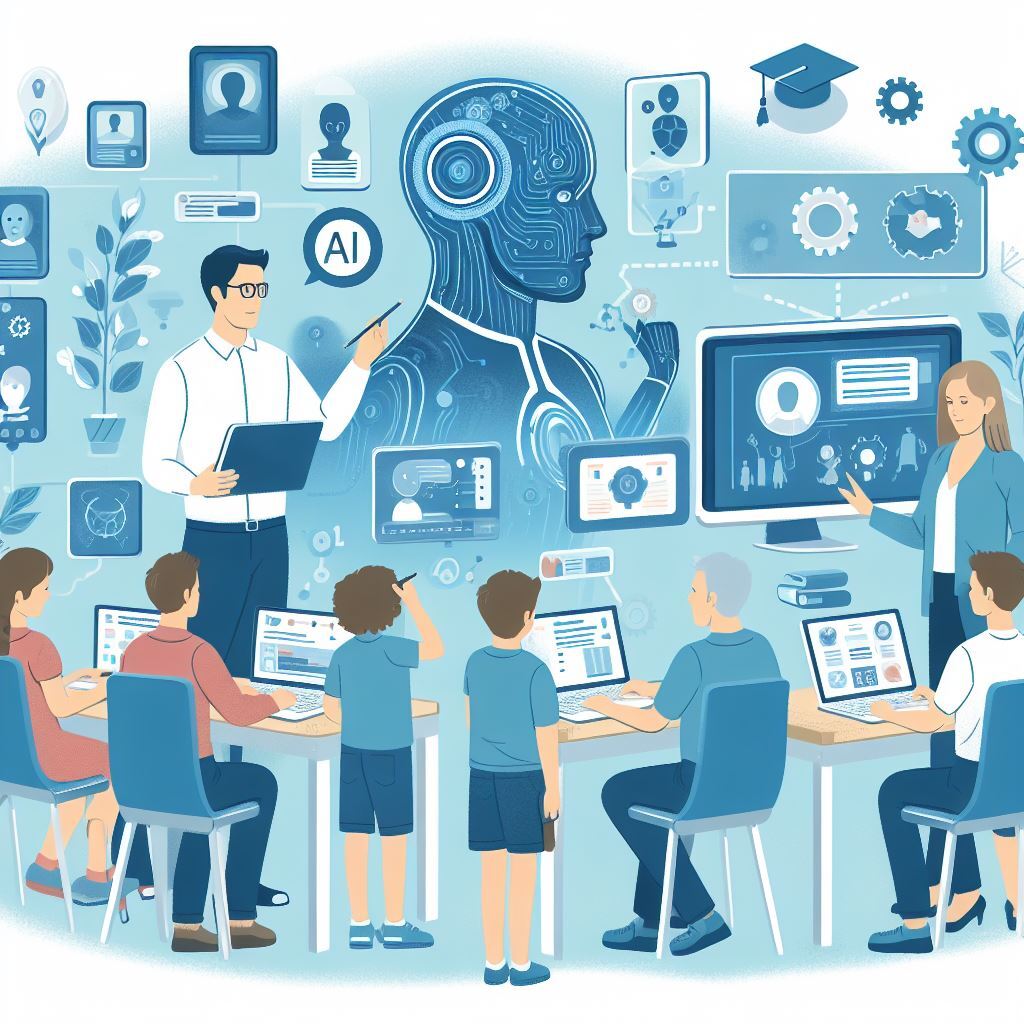 Illustration showing a teacher collaborating with an AI teaching partner in an educational setting, with students engaged in activities enriched by AI-generated content.