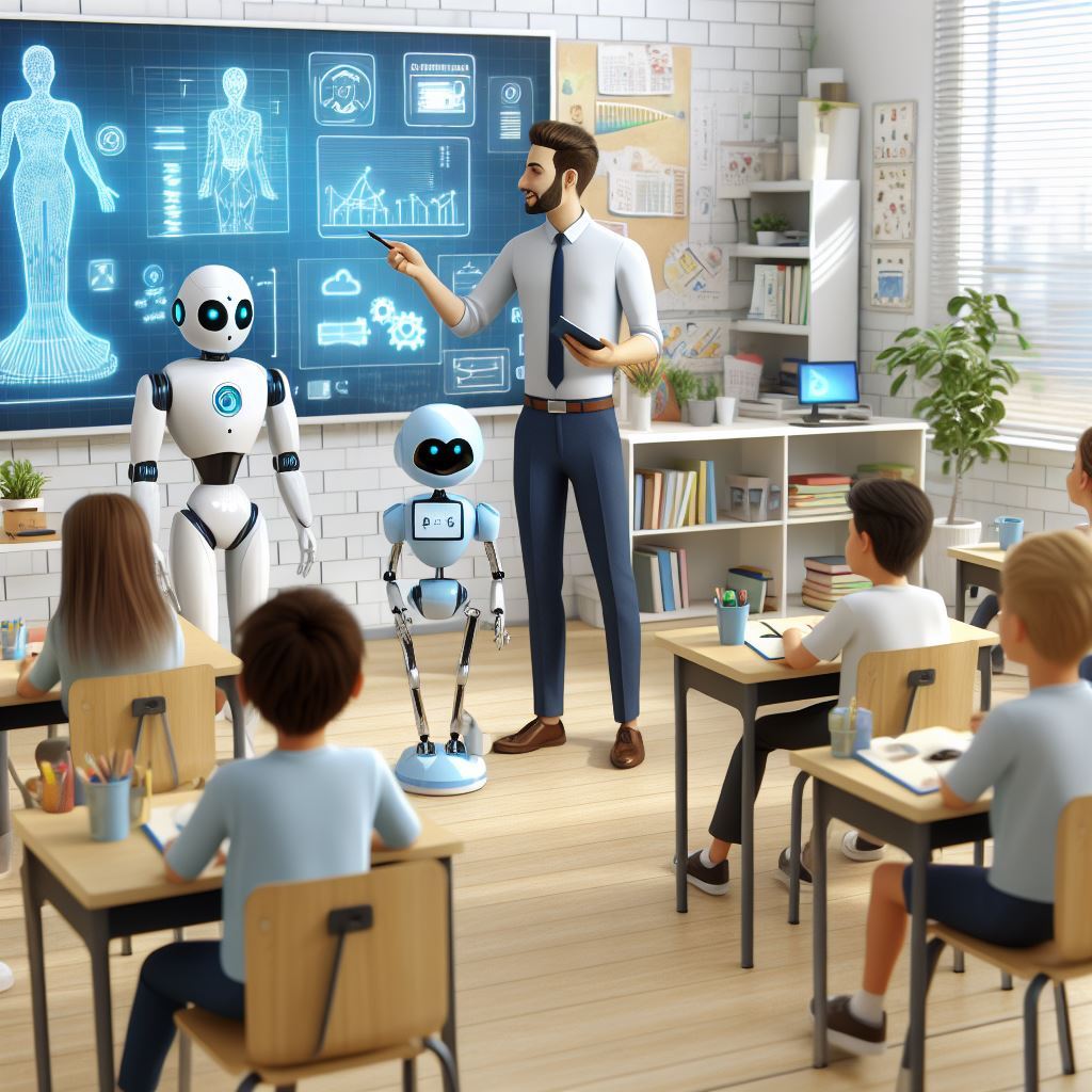 Illustration of a classroom scene showing students engaged with both a human teacher and AI-powered devices, emphasizing the integration of technology in education.